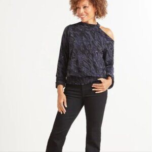 👗 2/$30 👗 Blue Brushstroke Hues Cold Shoulder Blouse with Cinched Waist sz S